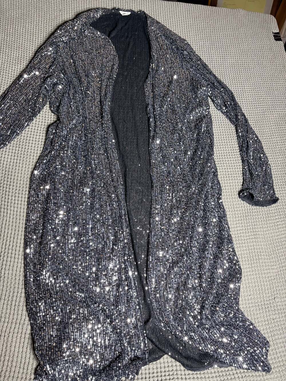 Cato Plus Size 26/28W Sequin Open Front Long Duster Cardigan Jacket Gunmetal